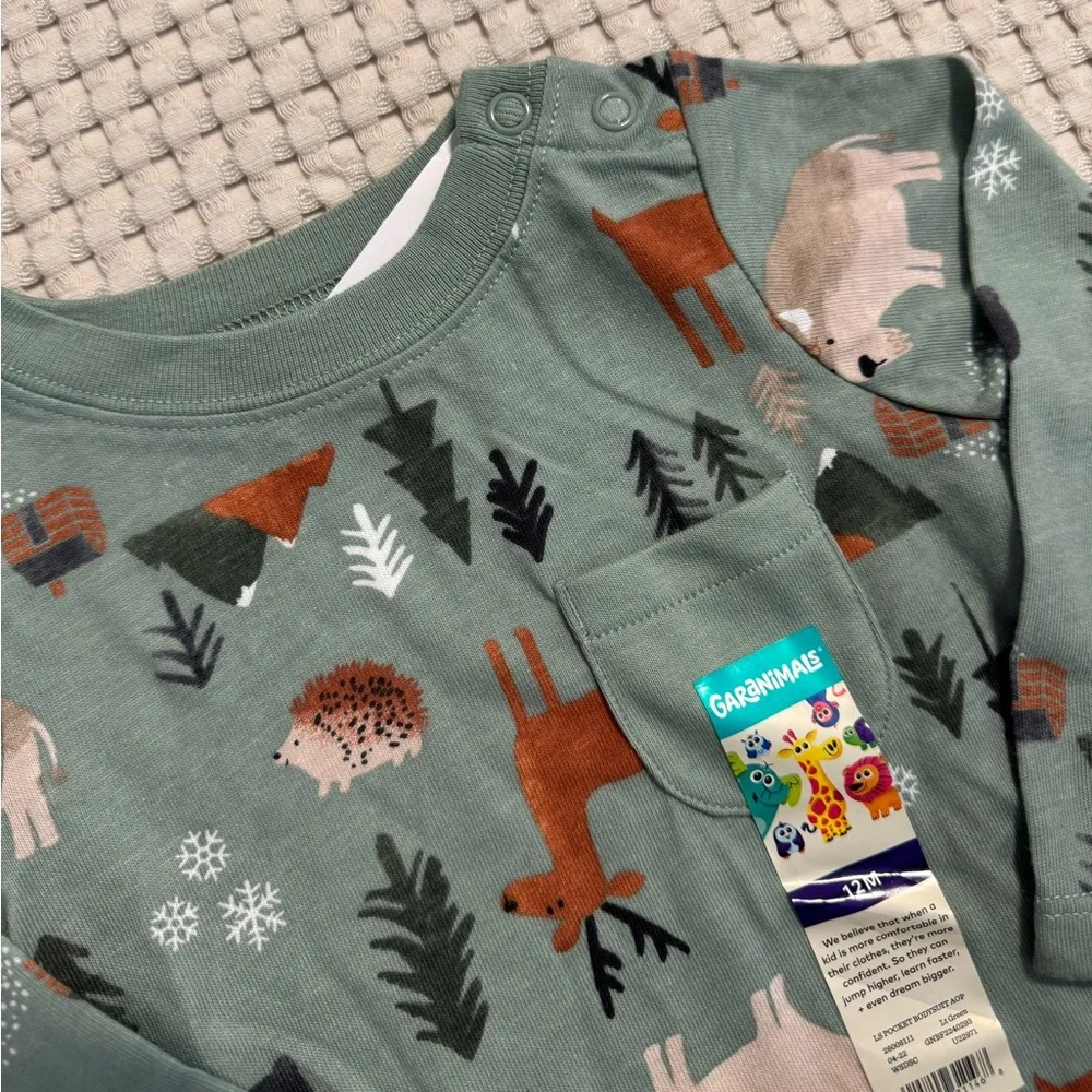 3/$15 🌸 Garanimals Woodland Creatures Baby Boy Green Long Sleeve Animals Onesie